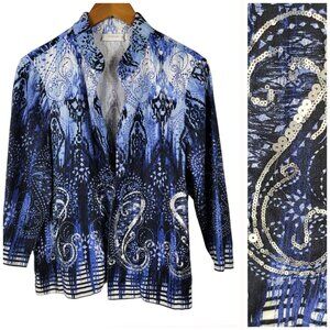 Chicos Size 2 Large Linen Jacket blazer Blue Silver Sequin Open Front